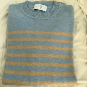 La Linge lean lines periwinkle and tan striped cashmere sweater.